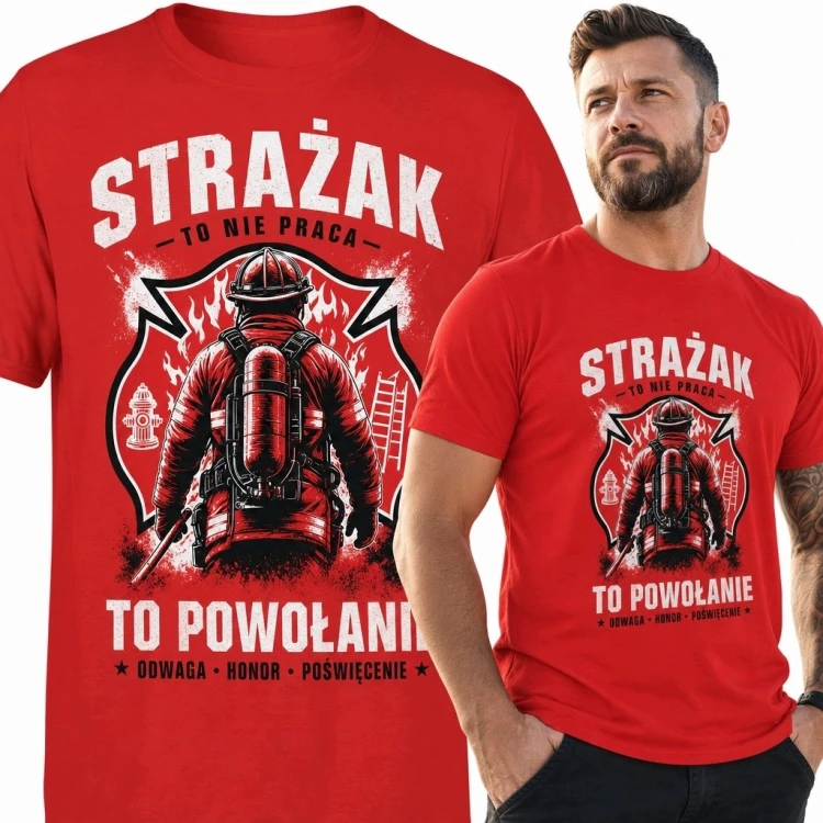 Koszulka męska strażacka z płomieniami „Strażak - to nie praca, to powołanie”