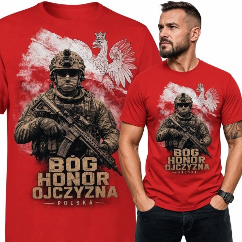 Koszulka męska patriotyczna z żołnierzem i Orłem Białym „Bóg Honor Ojczyzna”