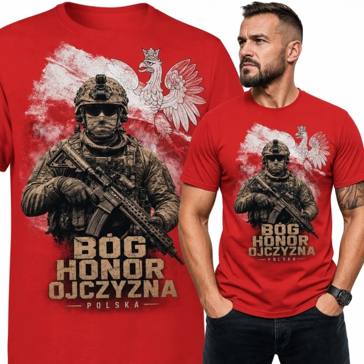 Koszulka męska patriotyczna z żołnierzem i Orłem Białym „Bóg Honor Ojczyzna”