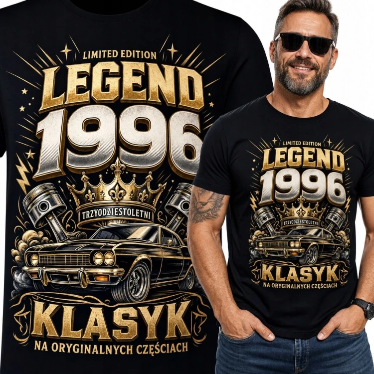 Koszulka męska „Legend 1996” z klasycznym autem na 30 urodziny