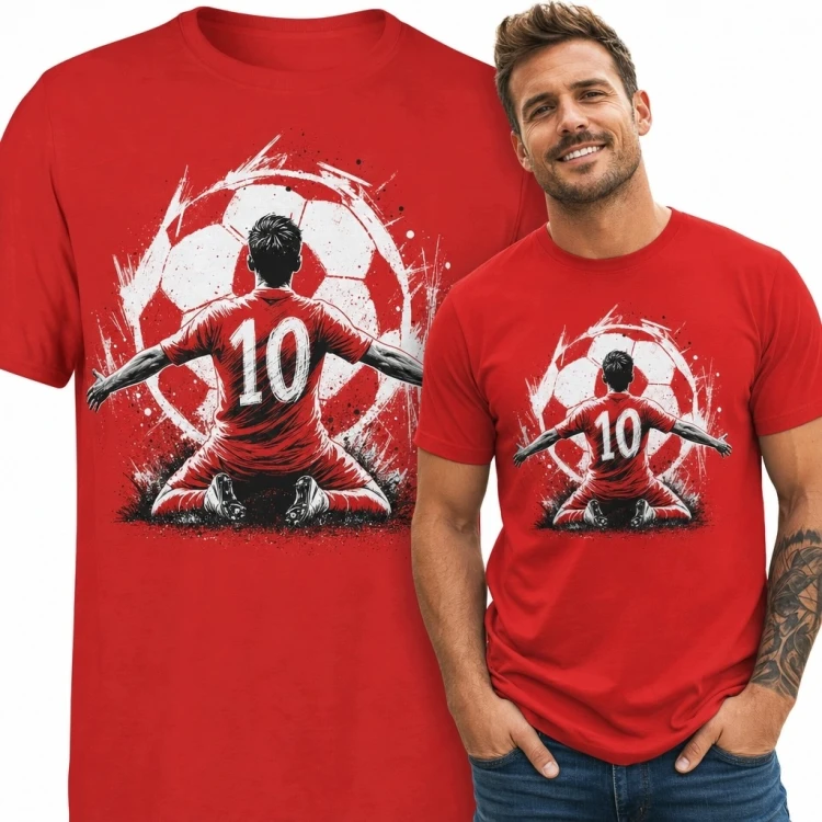 Koszulka męska z piłkarzem „10” i piłką nożną - sportowy nadruk
