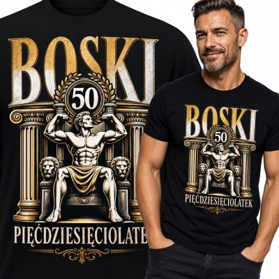Koszulka męska „Boski pięćdziesięciolatek” na 50 urodziny - antyczny władca i lwy