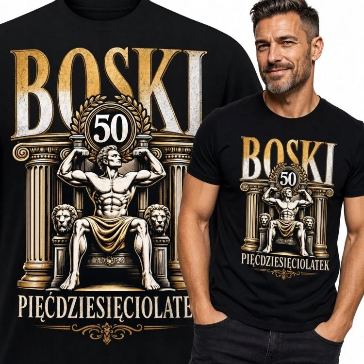 Koszulka męska „Boski pięćdziesięciolatek” na 50 urodziny - antyczny władca i lwy