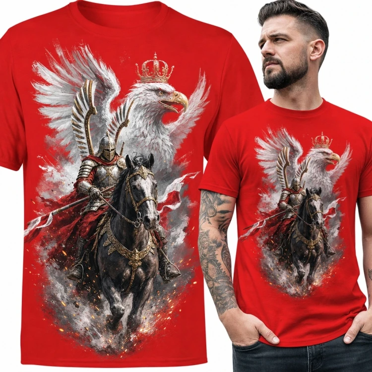 Koszulka męska z husarzem na koniu i polskim orłem - patriotyczny motyw
