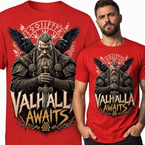 Koszulka męska z wikingiem i krukami „Valhalla Awaits”
