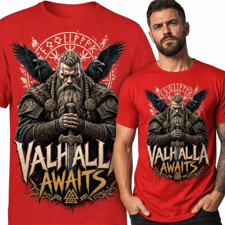Koszulka męska z wikingiem i krukami „Valhalla Awaits”