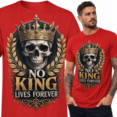 Koszulka męska z czaszką w koronie „No King Lives Forever” - gotycki motyw