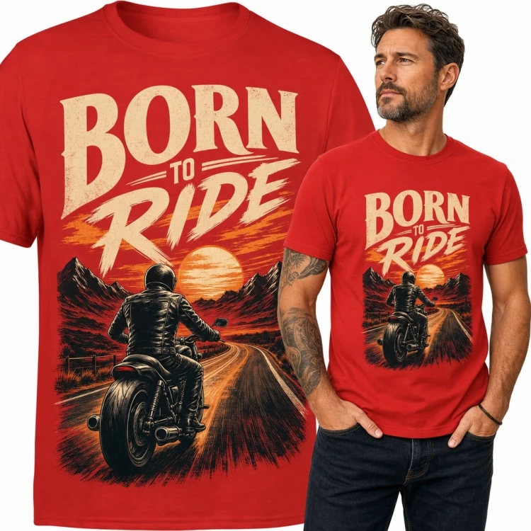 Koszulka męska dla motocyklisty „Born to Ride” - retro motyw szosowej wyprawy