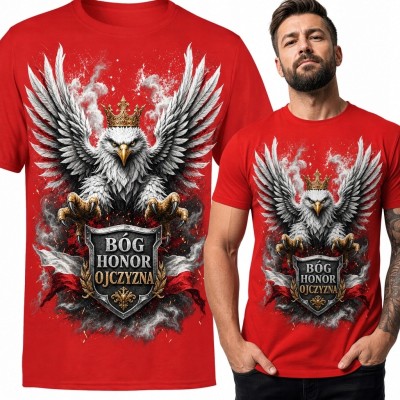 Koszulka męska z białym orłem „Bóg Honor Ojczyzna” - wzór patriotyczny