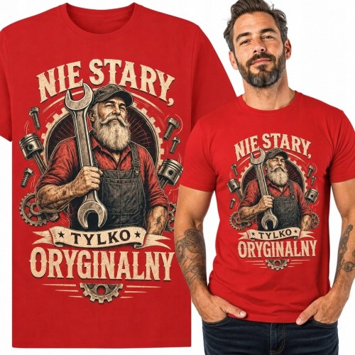 Koszulka męska z mechanikiem „Nie stary, tylko oryginalny” - retro wzór z kluczem