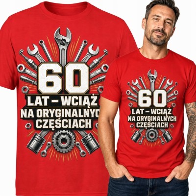 Koszulka męska z narzędziami na 60 urodziny „60 lat - wciąż na oryginalnych częściach”