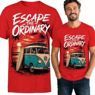 Koszulka męska z kamperem retro i deską surfingową „Escape the Ordinary”