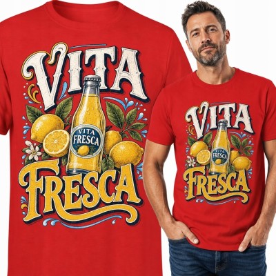 Koszulka męska z butelką i cytrynami „Vita Fresca” - nadruk retro