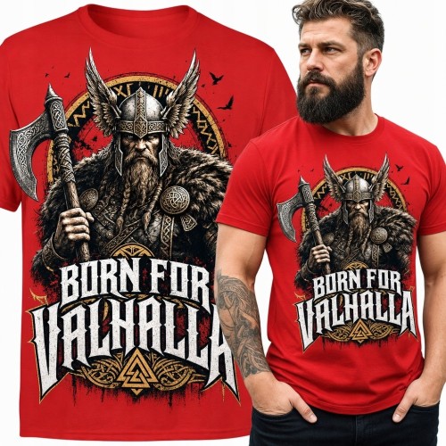 Koszulka męska z wikingiem „Born for Valhalla” - nordycki wojownik