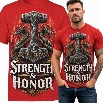 Koszulka męska z Mjölnirem i smokami „Strength &amp; Honor” - nordycki wzór