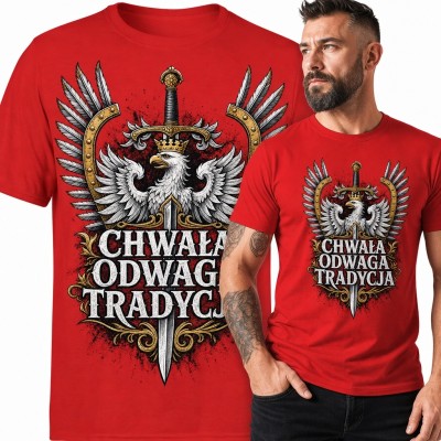 Koszulka męska patriotyczna z orłem i mieczem „Chwała odwaga tradycja” - czerwona