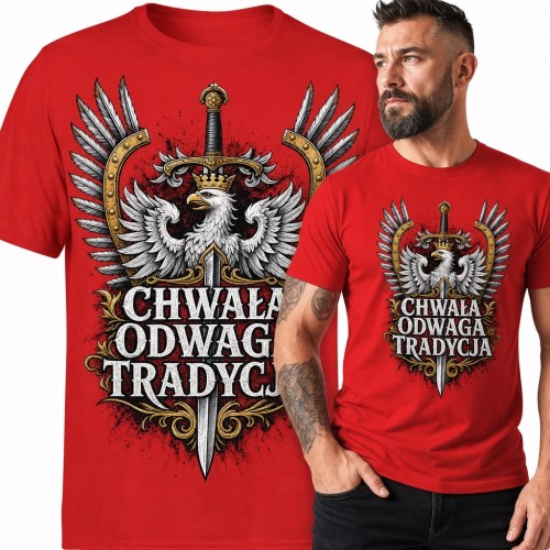 Koszulka męska patriotyczna z orłem i mieczem „Chwała odwaga tradycja” - czerwona