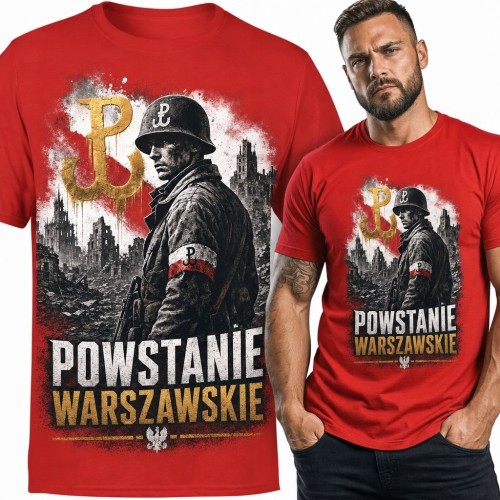 Koszulka męska „Powstanie Warszawskie” z powstańcem i symbolem Polski Walczącej - patriotyczna