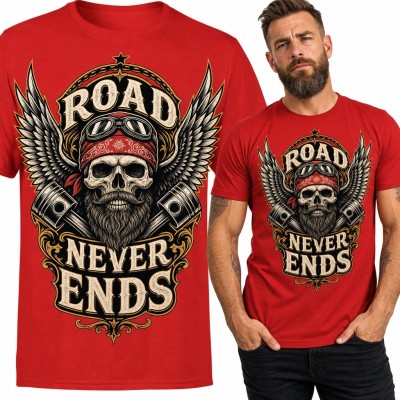 Koszulka męska dla motocyklisty z czaszką „Road Never Ends” - styl biker