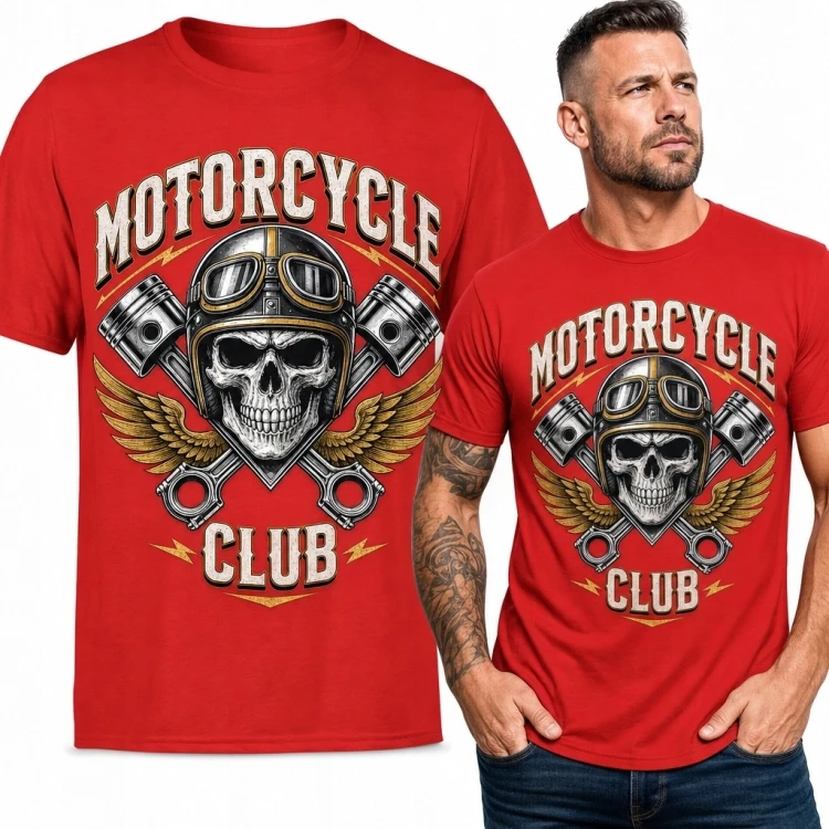Koszulka męska dla motocyklisty z czaszką „Motorcycle Club” - czerwona