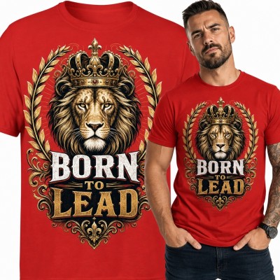 Koszulka męska z lwem w koronie „Born to Lead” - czerwona z heraldyczną ornamentyką