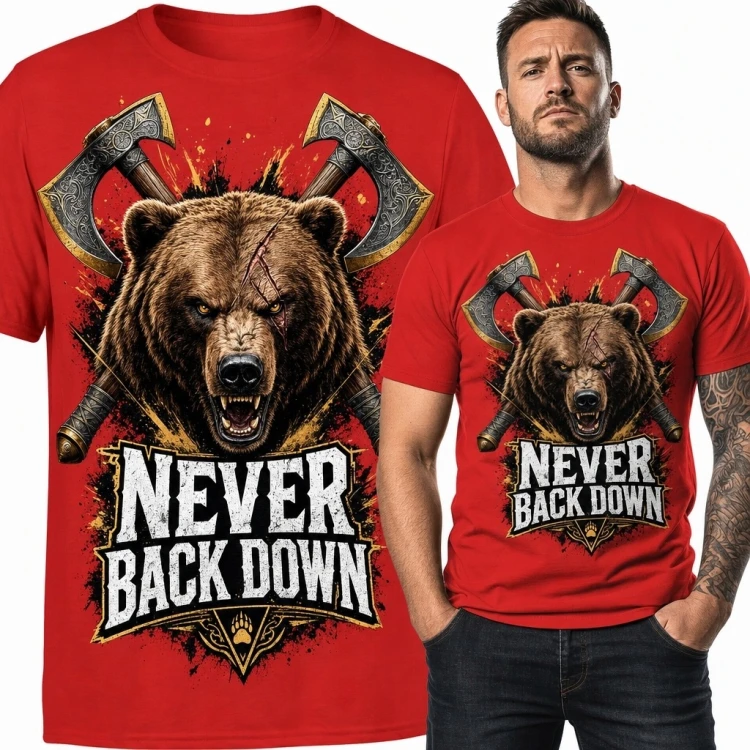 Koszulka męska z niedźwiedziem i toporami „Never Back Down” - motyw niezłomności