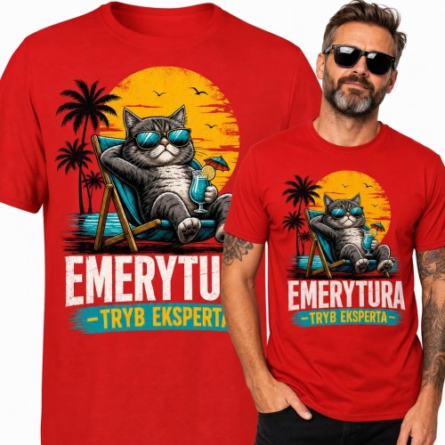 Koszulka męska „Emerytura - tryb eksperta” z kotem na leżaku