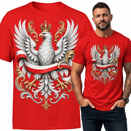 Koszulka męska z koronowanym białym orłem, szarfą i złotymi ornamentami