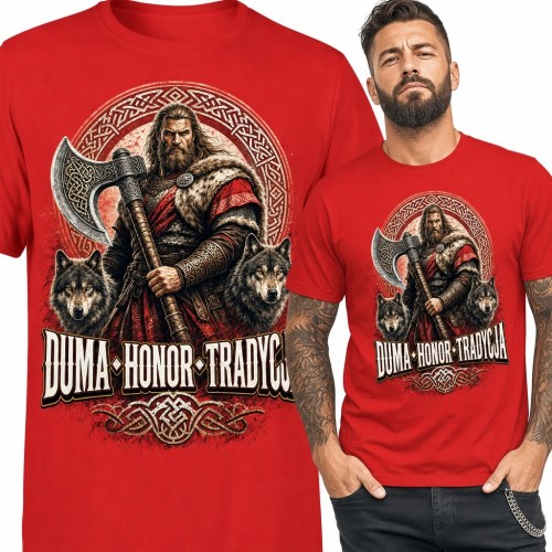 Koszulka męska z nordyckim wojownikiem i wilkami „Duma • Honor • Tradycja”