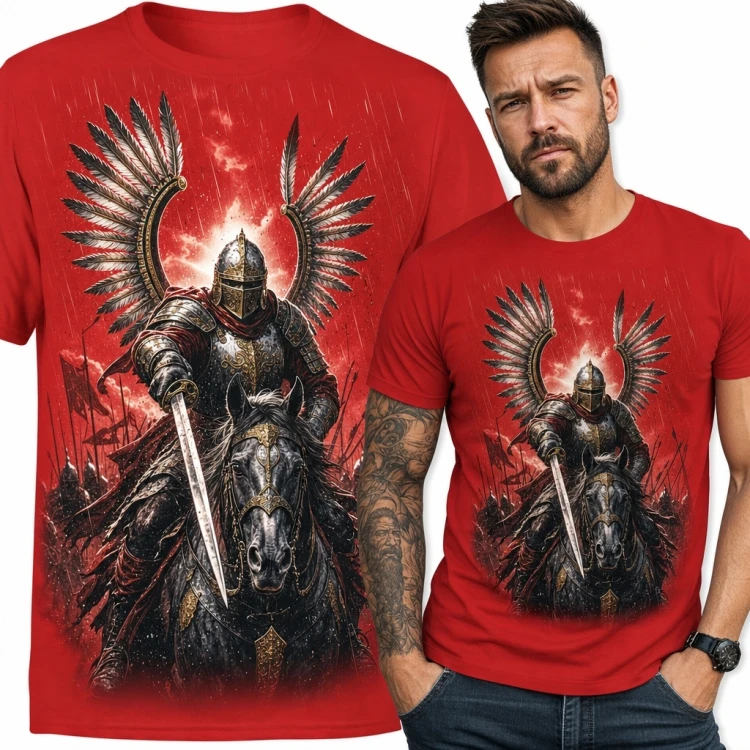 Koszulka męska ze skrzydlatym rycerzem na koniu - mroczne fantasy