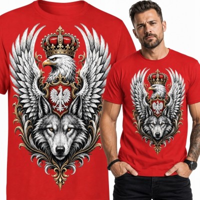 Koszulka męska z wilkiem i ukoronowanym orłem - patriotyczny wzór heraldyczny