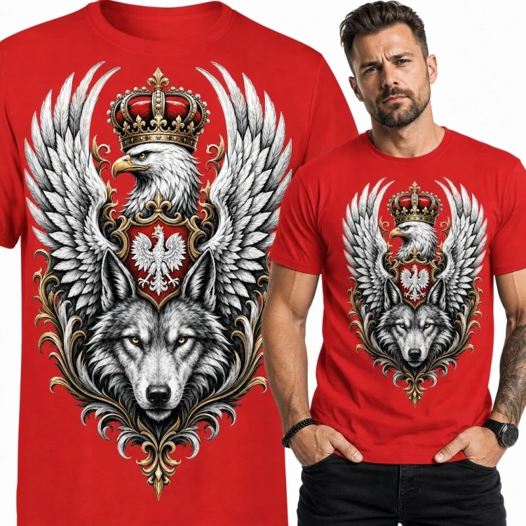 Koszulka męska z wilkiem i ukoronowanym orłem - patriotyczny wzór heraldyczny