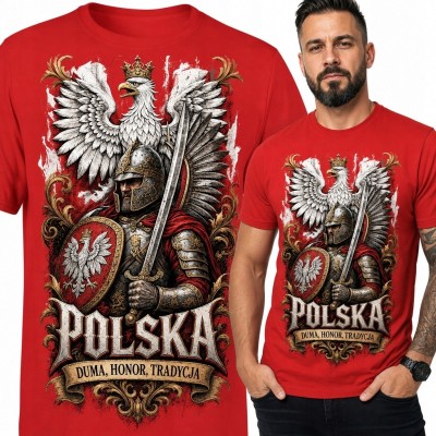 Koszulka męska patriotyczna „Polska” - wojownik i biały orzeł