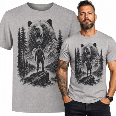 Koszulka męska z ryczącym niedźwiedziem i wędrowcem - górski outdoor