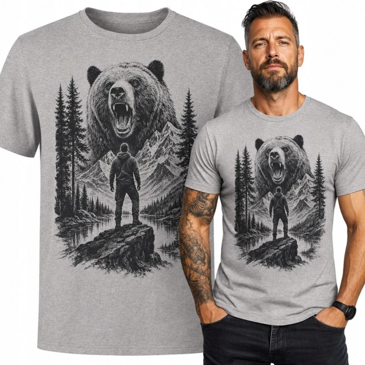 Koszulka męska z ryczącym niedźwiedziem i wędrowcem - górski outdoor