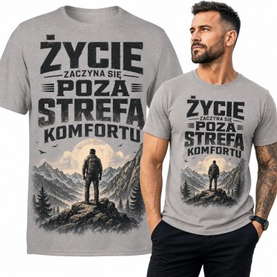 Koszulka męska z wędrowcem w górach - „Życie zaczyna się poza strefą komfortu”