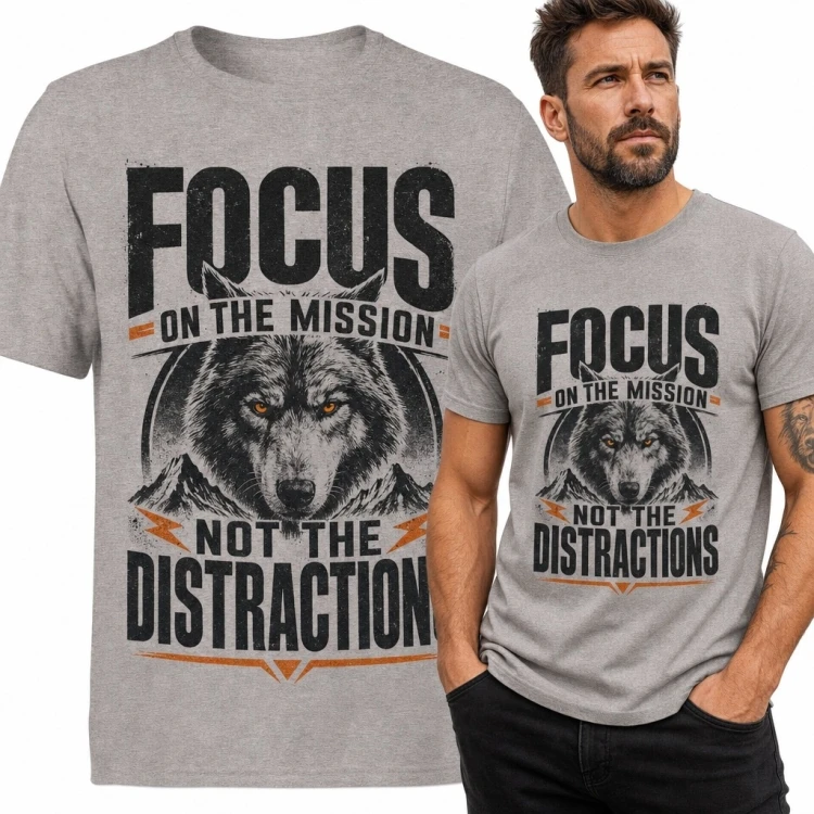 Koszulka męska z wilkiem i górami „Focus on the Mission Not the Distractions” - motywacyjny nadruk