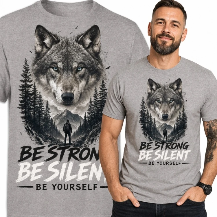 Koszulka męska z wilkiem „Be Strong Be Silent Be Yourself” - góry i las