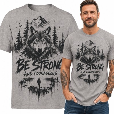 Koszulka męska z wilkiem i górami „Be Strong and Courageous” - motywacyjna
