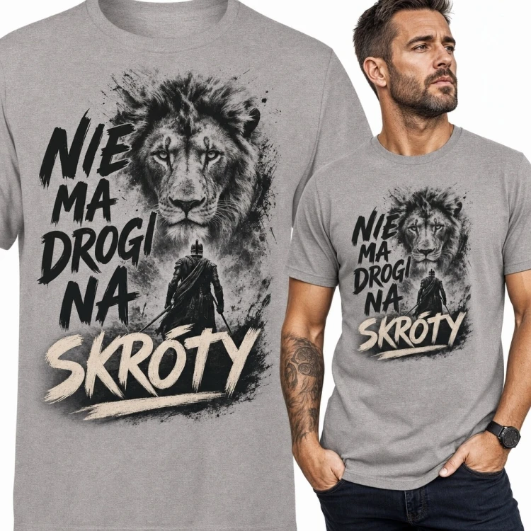 Koszulka męska z lwem i wojownikiem „Nie ma drogi na skróty” - motywacyjna
