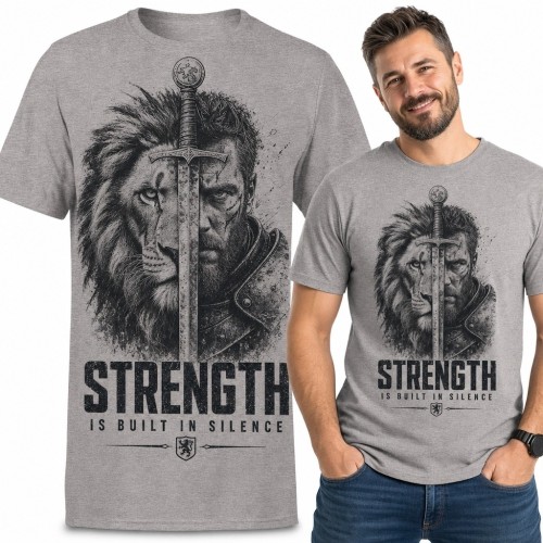 Koszulka męska z lwem i wojownikiem „Strength is built in silence” - symbol siły