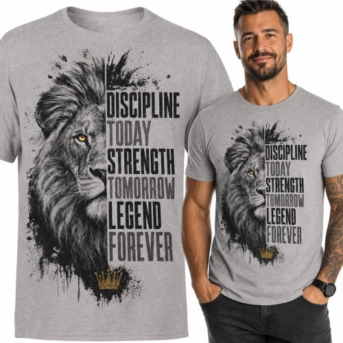 Koszulka męska z lwem „Discipline Today / Strength Tomorrow / Legend Forever” - motywacyjna