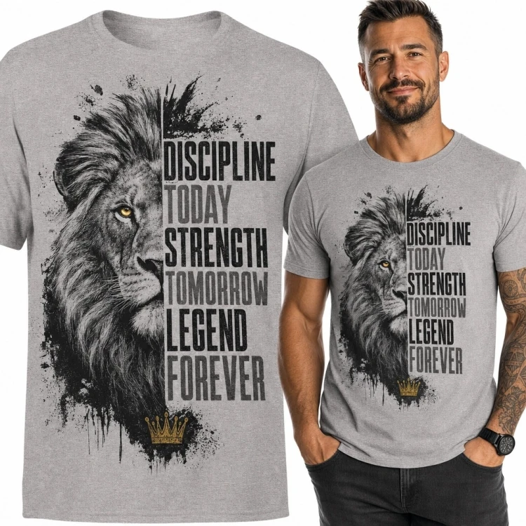Koszulka męska z lwem „Discipline Today / Strength Tomorrow / Legend Forever” - motywacyjna
