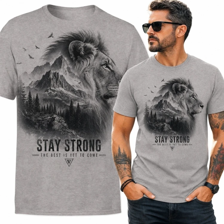 Koszulka męska z lwem i górskim krajobrazem - „Stay Strong”
