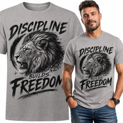 Koszulka męska z ryczącym lwem i napisem „Discipline Builds Freedom” - motyw siły