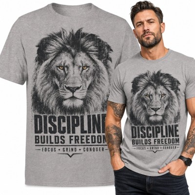 Koszulka męska z lwem „Discipline Builds Freedom” - motyw siły i dyscypliny