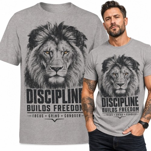 Koszulka męska z lwem „Discipline Builds Freedom” - motyw siły i dyscypliny