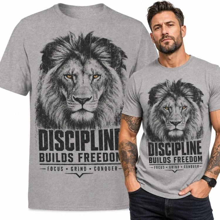 Koszulka męska z lwem „Discipline Builds Freedom” - motyw siły i dyscypliny