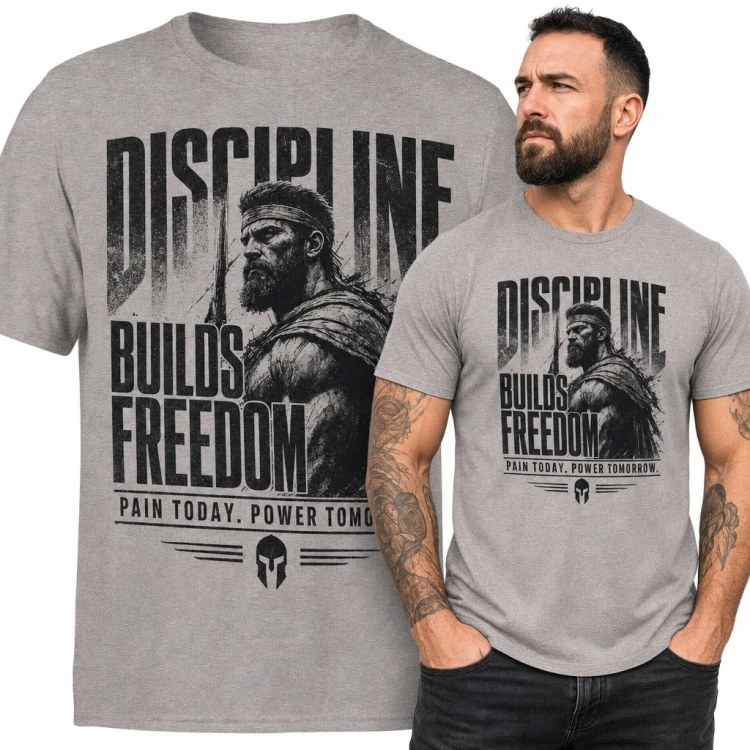 Koszulka męska z wojownikiem „Discipline Builds Freedom” - spartański motyw