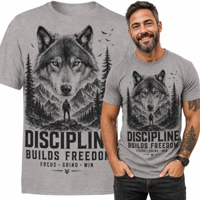 Koszulka męska z wilkiem i górami „Discipline Builds Freedom” - motywacyjna